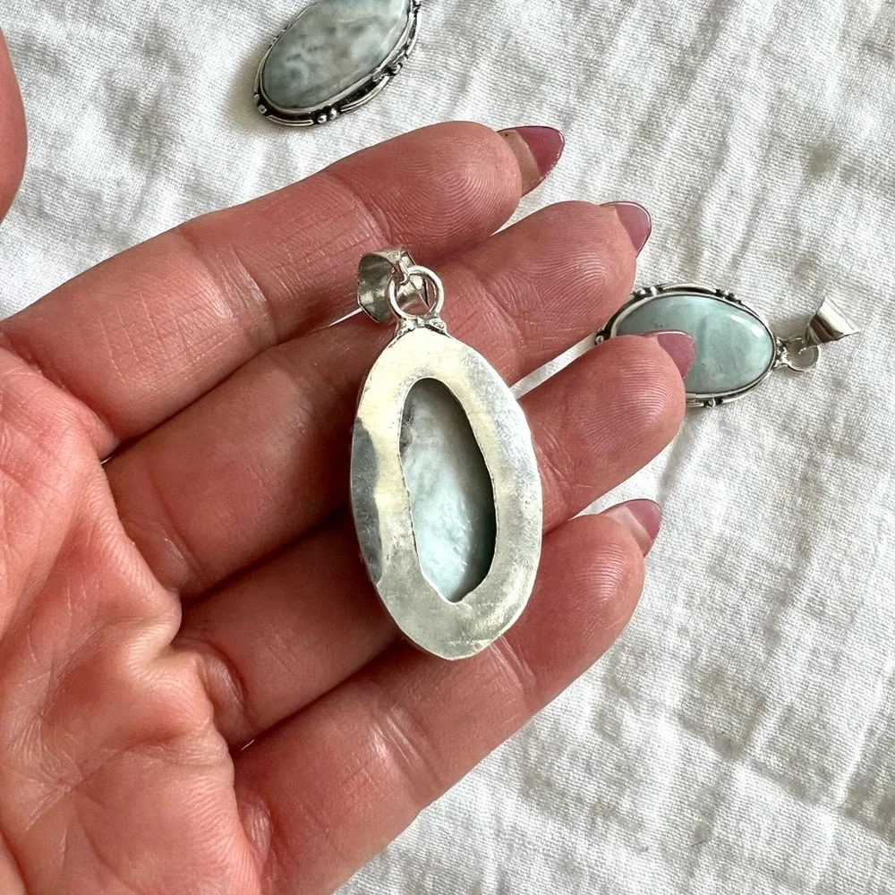 925 Calming Caribbean Larimar Bamboo Set Necklace Pendant